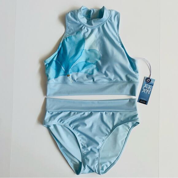 Kyodan | Blue Glass Longline Mock Neck Bikini Watercolor Flower NWT L - Picture 1 of 13